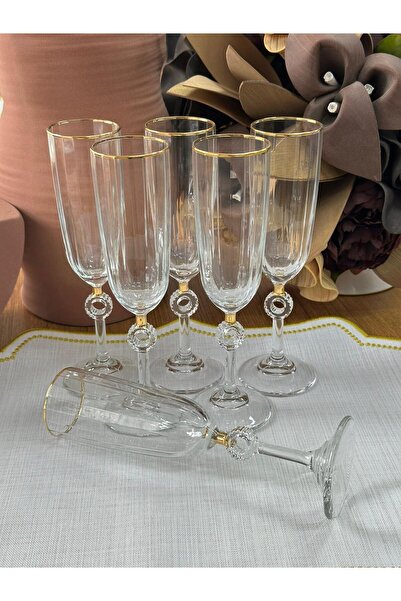 MD MİMOZA DEKOR Crystal Coffee Side Flute Water Glass / Gold / Presentation / Soda Glass / Goblet / Set of 6 / 150 ml