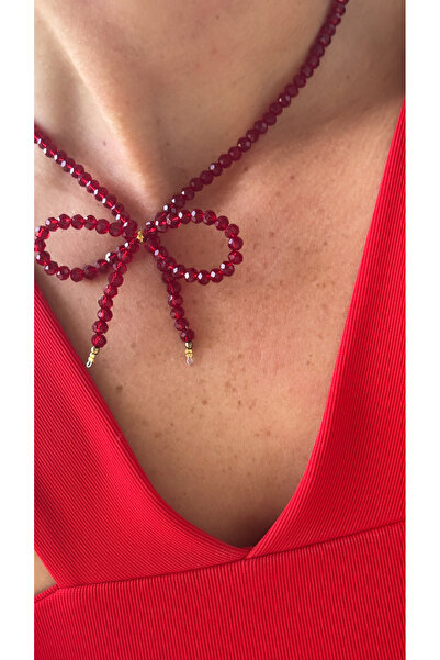 By Song Aksesuar Red Crystal Bow New Year Necklace New Year's Necklace