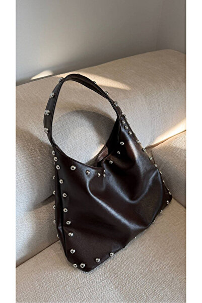 LOVELYSTORE Metal Detaylı Kadın Omuz Çantası Şık Deri Görünümlü Orta Boy Taşlı (30x26x9)