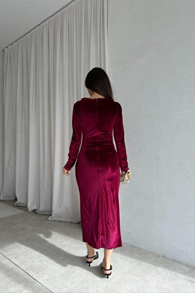 MODAMİNEM Women's Velvet Draped Midi Dress