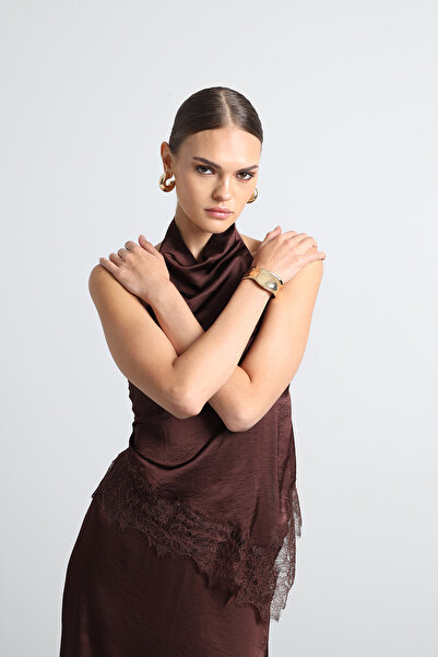 Mozto Celinor Lace Brown Maxi Satin Skirt
