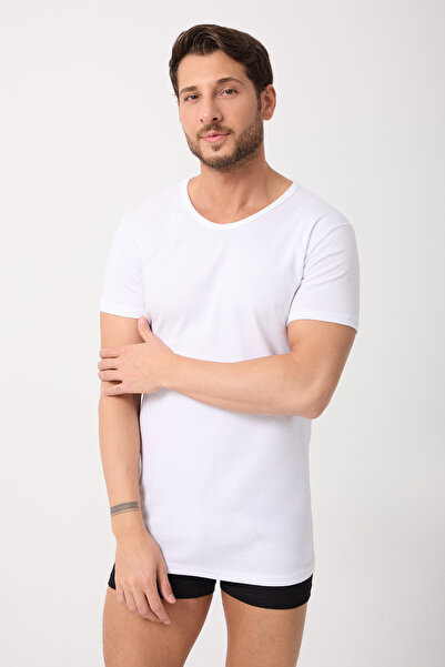 saac 2 Pcs White 100% Cotton Ribbed Thin B Piped Round Neck Short Sleeve Men's T-Shirt-Tank Top