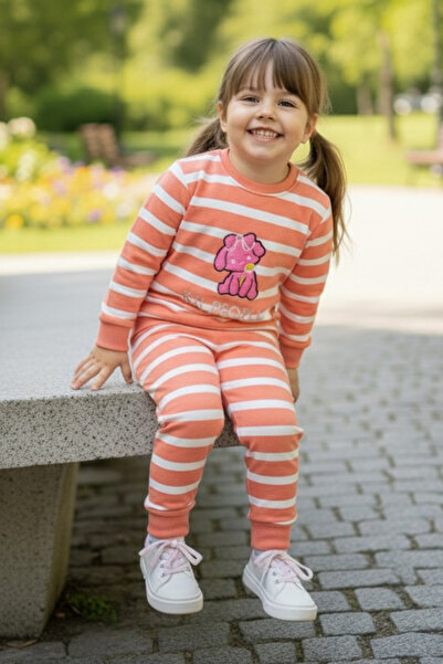 TOFİSA Girl's Yavruağzi Striped Embroidered Two-Thread Two-Piece Set - 28011-Yavruagzi