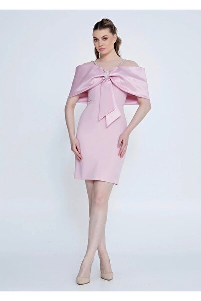 DEV LINE Rochie Cocktail Roz cu Fundă Statement