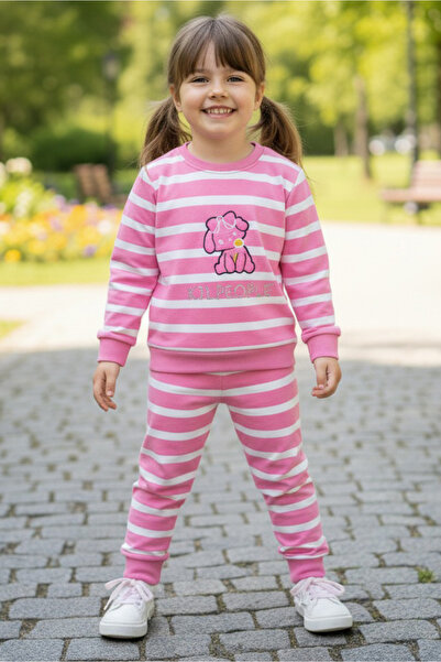TOFİSA Girl's Pink Striped Embroidered Two-Thread Two-Piece Set - 28011-Pink