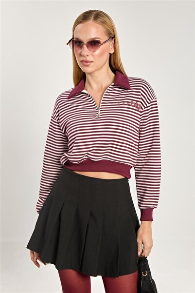 BARRELS AND OIL Women's Polo Neck Half Zipper Striped Sweatshirt - Burgundy Ecru