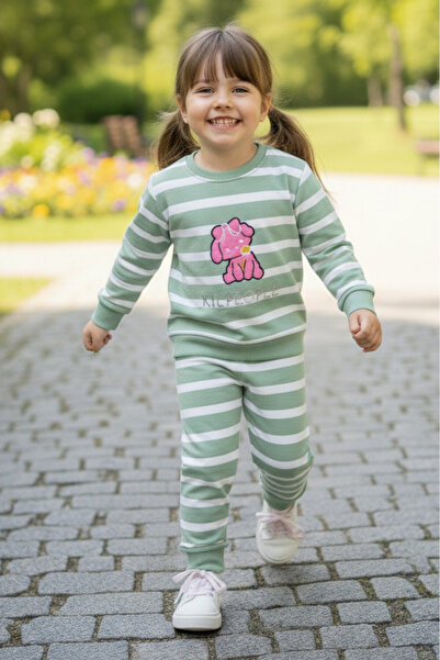 TOFİSA Girl's Mint Striped Embroidered Two-Thread Two-Piece Set - 28011-Mint