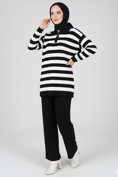 TOFİSA Striped Knitwear Two-Piece Set Black - 27999-Black