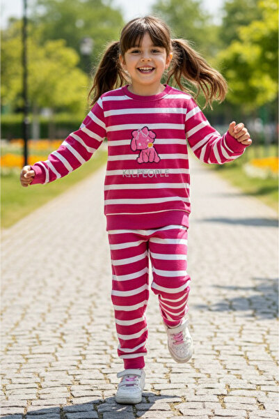 TOFİSA Girl's Fuchsia Striped Embroidered Two-Thread Two-Piece Set - 28011-Fusya