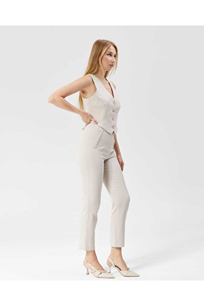 Milamia Kadın Yüksek Bel Cep Detaylı Bilek Boy Çizgili Kumaş Pantolon