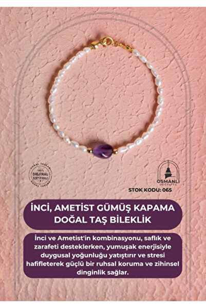 OSMANLI DOĞAL TAŞ Sertifikalı İnci, Ametist Gümüş Kapama Doğal Taş Bileklik (...