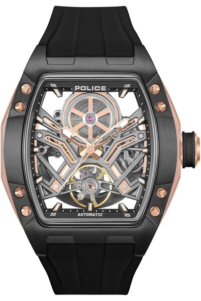 Police Automatic Watch with Black Semi-Skeleton Dial and Black Silicone Strap...