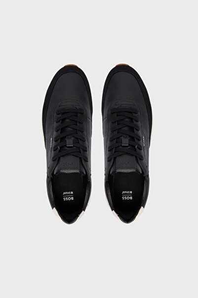 BOSS Men's Thick Heel Leather Lace-Up Comfortable Sole Black Sneaker 50552859-021