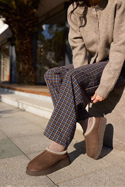 ANGELİNA JONES Parella Women's Brown Genuine Leather Suede Ultramini Slippers Boots