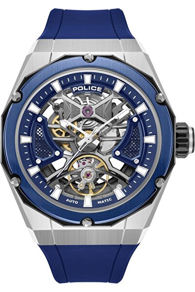 Police ساعة أوتوماتيكية - مينا أسود، حزام سيليكون أزرق، 45 مم