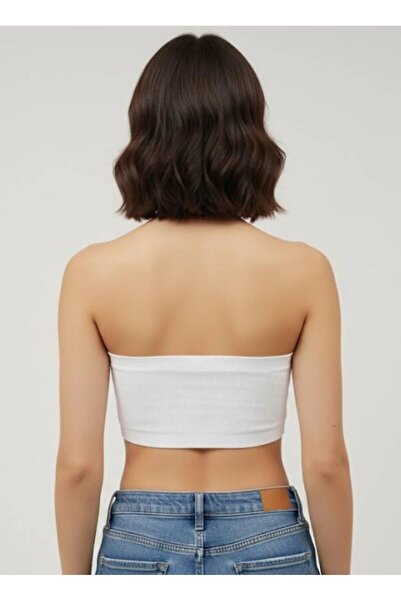 Afri Women's White Stone Detailed Strapless Crop Top – Stretchy Fabric, Sparkling Band Bustier