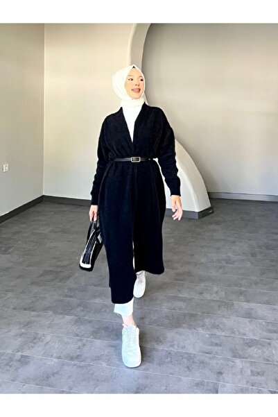 Thebomb Seli̇n Long Belted Oversize Knitwear Wool Cardigan