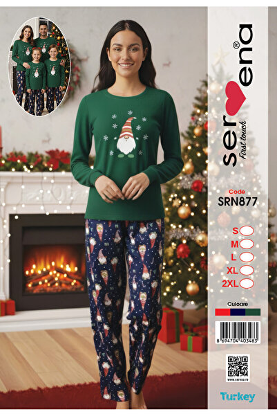 Serena Pijamă Crăciun Damă – Bluză Verde & Pantaloni Bleumarin cu Imprimeu Pitic și Fulgi de Zăpadă
