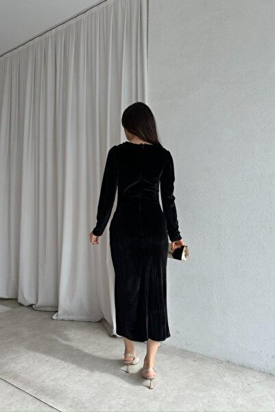 MODAMİNEM Women's Velvet Draped Midi Dress