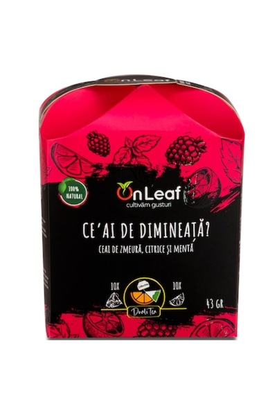On Leaf Ceai OnLeaf de zmeură, citrice și mentă, 10 pliculețe de ceai + 10 bu...