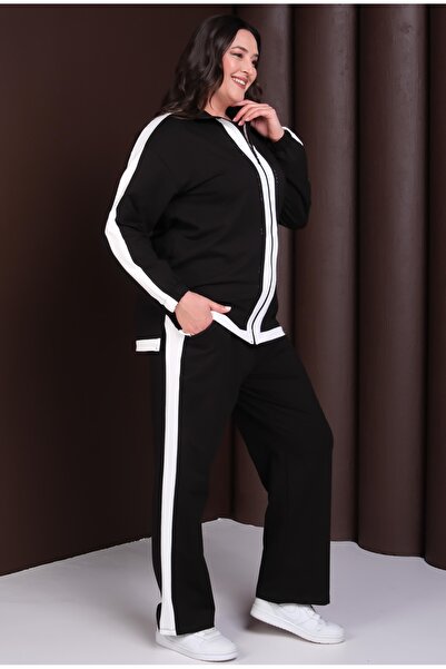 Şans Women's Plus Size Black and White Color Detailed, Stone Embroidered Tracksuit Set 65N39255