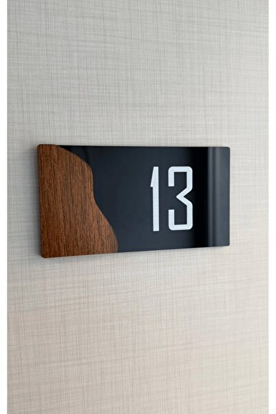 Yönline 2 Pieces Black Glossy Plexiglass with Walnut Pattern 13X7 cm Door Number Self-Adhesive