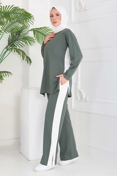 TOFİSA بقطع قماش مخيطة معاً شق طقم مودال مزدوج كاكي - 28012-HAKI