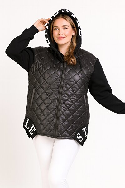 Şans Women's Plus Size Black, Hooded , Pocket Quilted Coat 65N39253