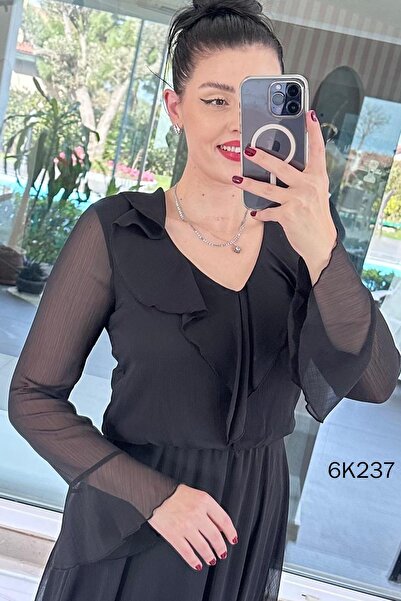 İnce Topuk Flounce Straight Yoryo Chiffon Dress 6K237