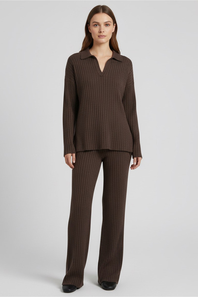 TOFİSA Polo Yaka Corded Fabric Ribbed Knit Double Suit Brown - 27993-Brown