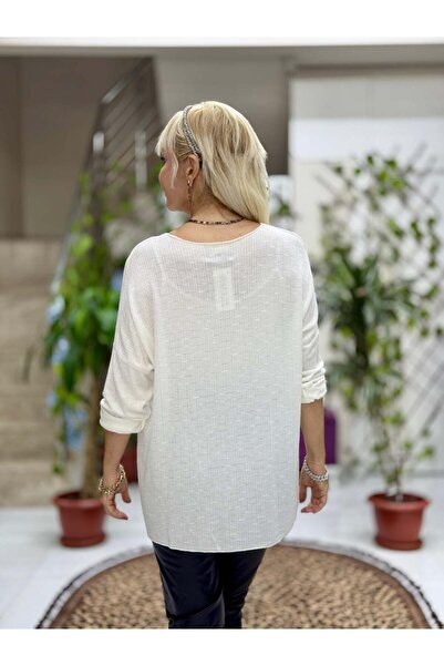 Punta Otantik Yg1591 Italian Self-Patterned V-Neck Knitwear Blouse White