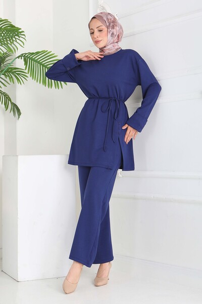 TOFİSA طقم مودال مكون من قطعتين بتفاصيل أزرار باللون الأزرق الداكن - 28013-DA...