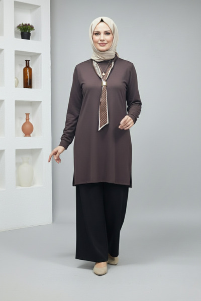 nacar çarşı Tunica maro oversize pentru femei, cu detaliu eșarfă