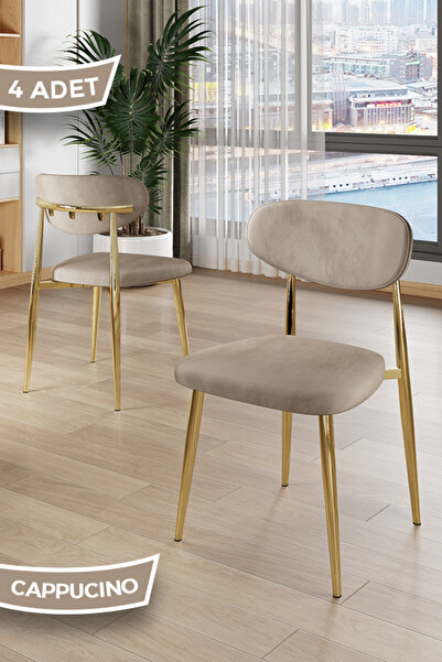 Canisa Laos Serisi 4 Adet Cappucino Mutfak Sandalyesi Gold Kaplama Metal Ayak...