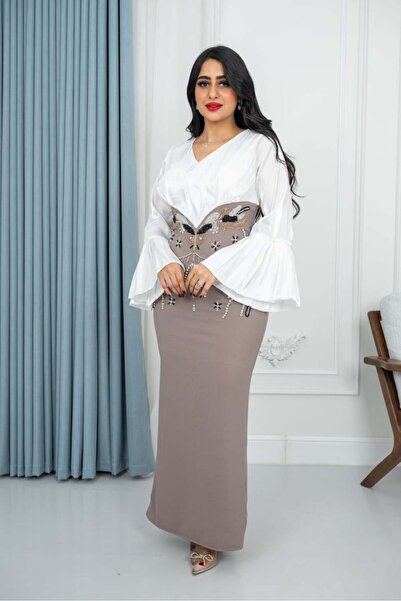 TREN Elegant White Beaded Maxi Dress with Bell Sleeves | V-Neck Evening Gown | Plus Size Formal Wear