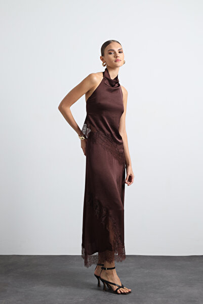 Mozto Celinor Lace Brown Maxi Satin Skirt