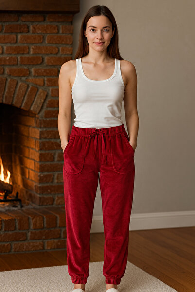 REMSA Women's Elastic Cuffs Pocket Detailed Velvet Fabric Single Bottom 503 Claret Red