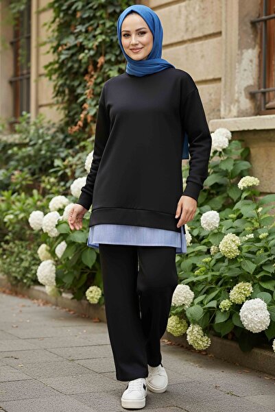 TOFİSA Φούστα ριγέ Modal Διπλό Σετ Μαύρο - 28028-ΜΑΥΡΟ