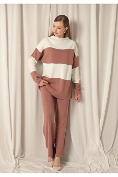 moda paketi Oversize Sweater Pants Striped Two-Piece Knitwear Set