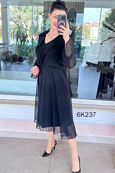 İnce Topuk Flounce Straight Yoryo Chiffon Dress 6K237