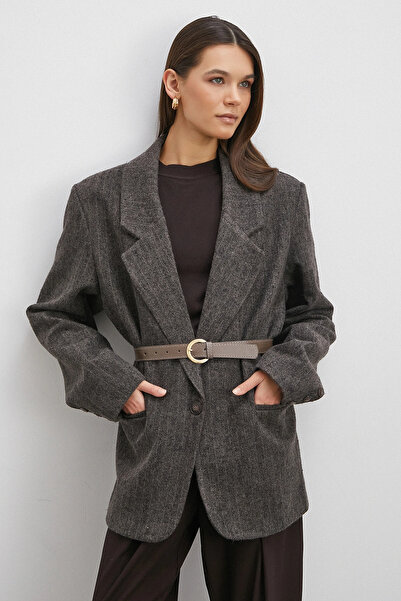 Never more Striped Detailed Belted Cashmere Jacket Brown