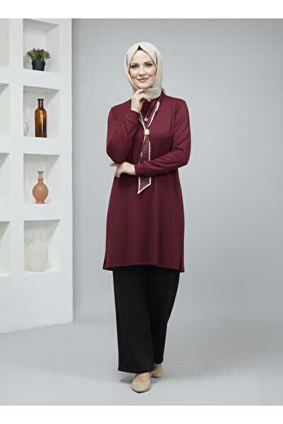 nacar çarşı Kadın Bordo Oversize Fular Detaylı Tunik