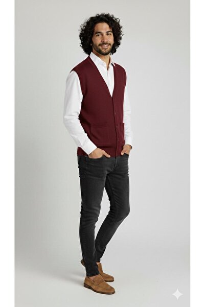 BAGİSTA BUTİK Men's Casual V-Neck Buttoned Pocket Detail Knit Vest