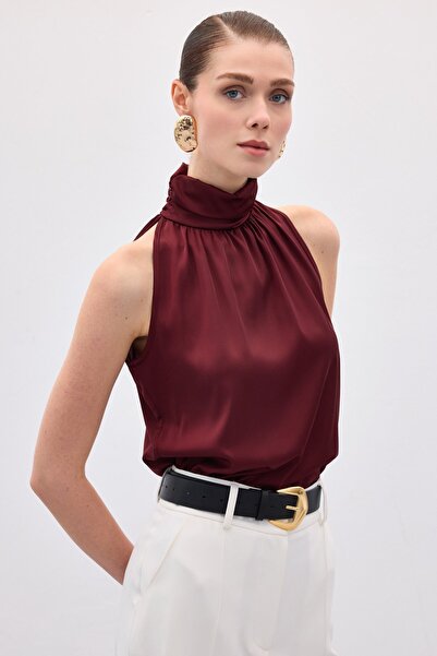 Sateen High Neck Sleeveless Blouse - Burgundy