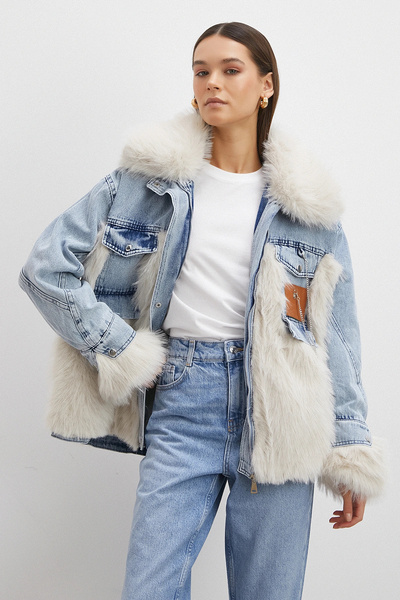 Never more Denim Paneled Fur Coat Blue
