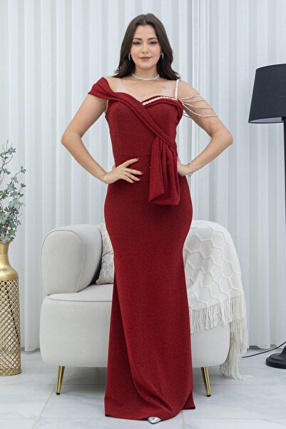 TREN Wine Red Shoulder-Baring Maxi Gown with Jeweled Chain Accents and Metallic Finish for Evening Events