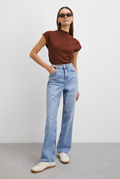 Never more High Waist Five Pocket Raw Hem Jean Blue