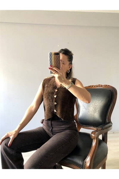 Gözde Tasarım Butik Women's V-Neck Buttoned Bitter Brown Soft Knitted Tricot Vest