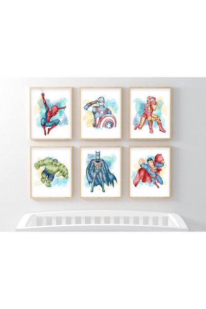 Today Idea Superhero Wall Decor Set of 6 Prints - 8x10in Unframed (Iron Man, Spiderman, Captain America, Hulk,
