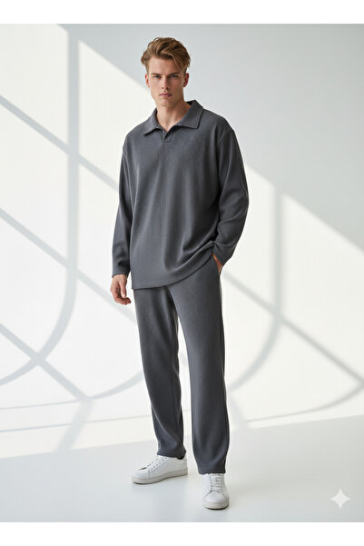 ribana Unisex Corded Fabric Shirt Collar Long Sleeve Pocket Elastic Waist 2-Piece Set